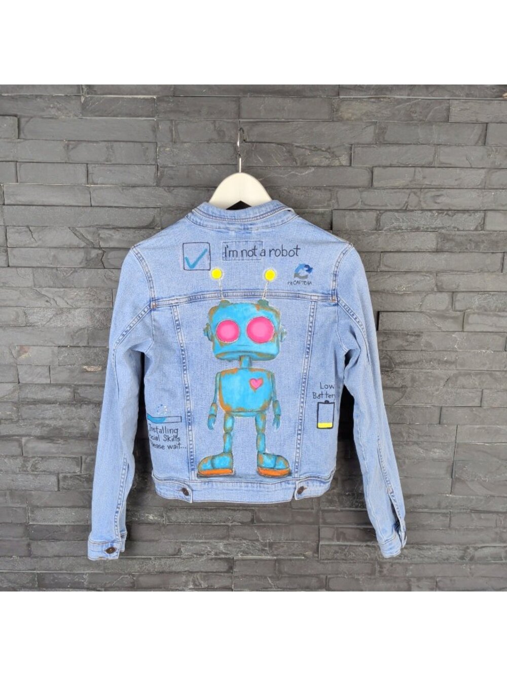 Y2K Cyberpunk Geek Robot Jean Jacket Custom Wearable Art Painted Upcycled Wom S